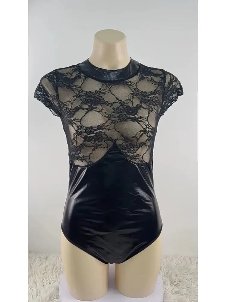 S-3XL Short Sleeve Faux PU Leather Catsuit Lace Patchwork Transparent Bodysuit Tights Sexy Body Teddies Swimsuit Leotard Unitard thumbnail 2