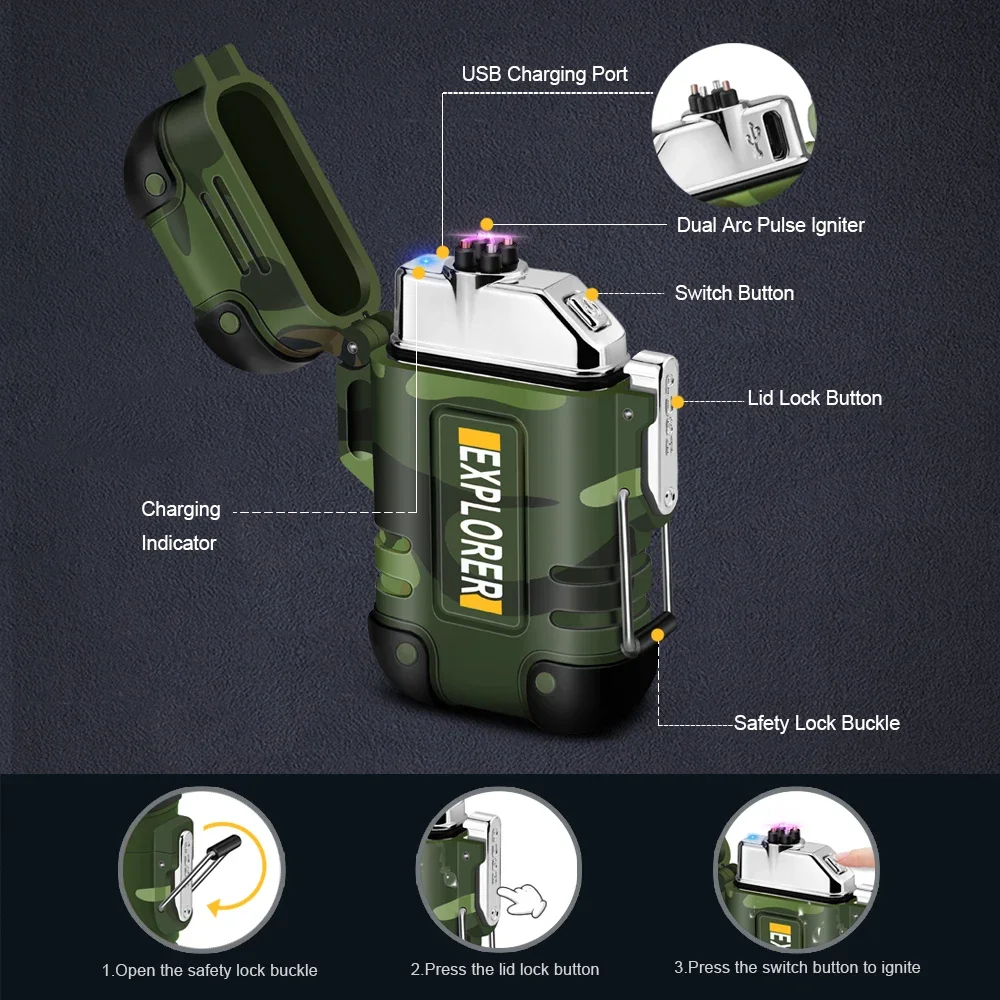 Waterproof USB Charging Electric Lighter Dual Arc Lighter Flameless Plasma Lighter Outdoor Hiking Camping Smoking Accessories thumbnail 5