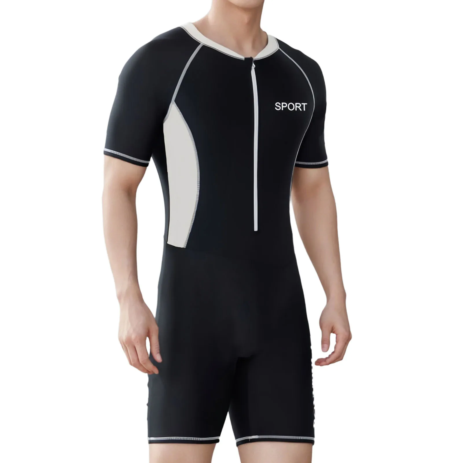 Mens Swim Leotard One-Piece Swimsuit Bathing Suit Beachwear Swimwear Short Sleeve Front Zipper Jumpsuit Beach Rash Guard Wetsuit thumbnail 3