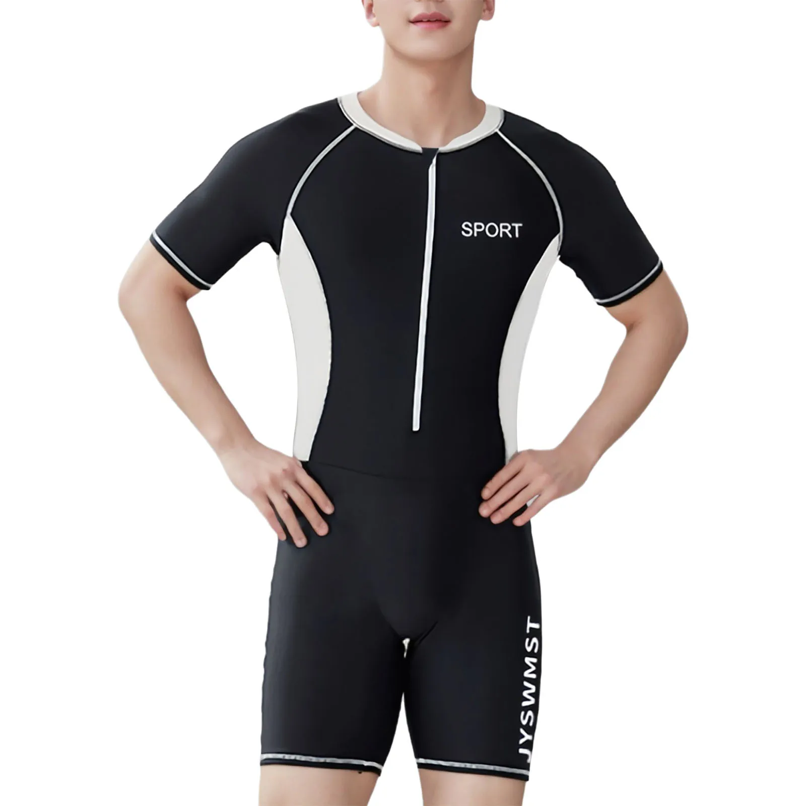 Mens Swim Leotard One-Piece Swimsuit Bathing Suit Beachwear Swimwear Short Sleeve Front Zipper Jumpsuit Beach Rash Guard Wetsuit thumbnail 2