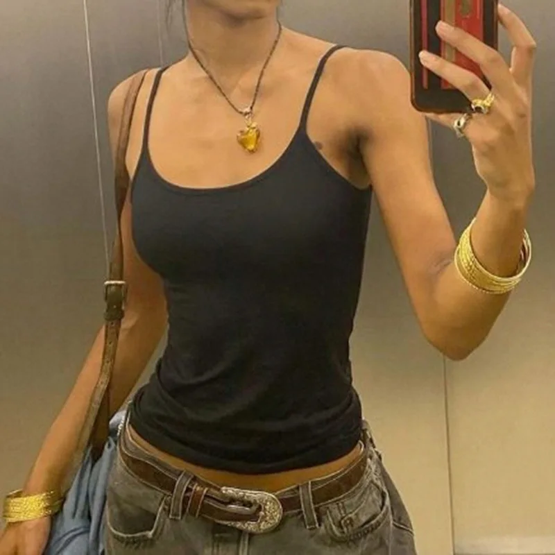 Sexy Spaghetti Strap Tank Tops Fashion Women White Solid Basic Sleeveless Y2K All-Match Crop Top Casual Streetwear Harajuku Tees thumbnail 5