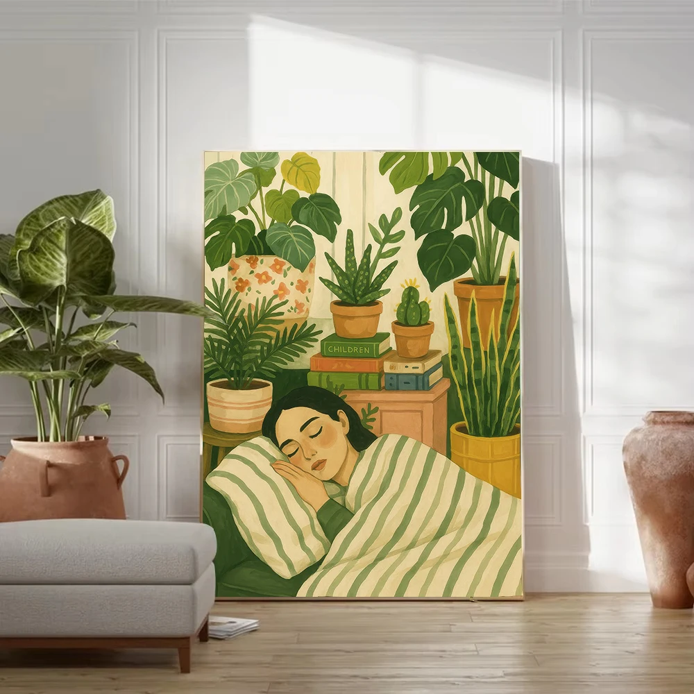 Book Girl in Library Green Striped Women Drink Coffee Minimalist Poster Canvas Painting Print  for  Living Room Home Decor thumbnail 2