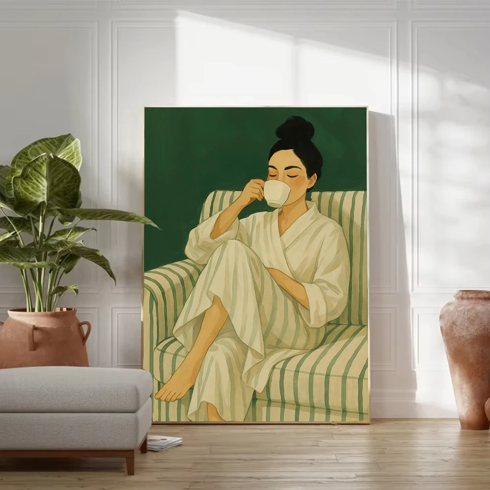 Book Girl in Library Green Striped Women Drink Coffee Minimalist Poster Canvas Painting Print  for  Living Room Home Decor thumbnail 3