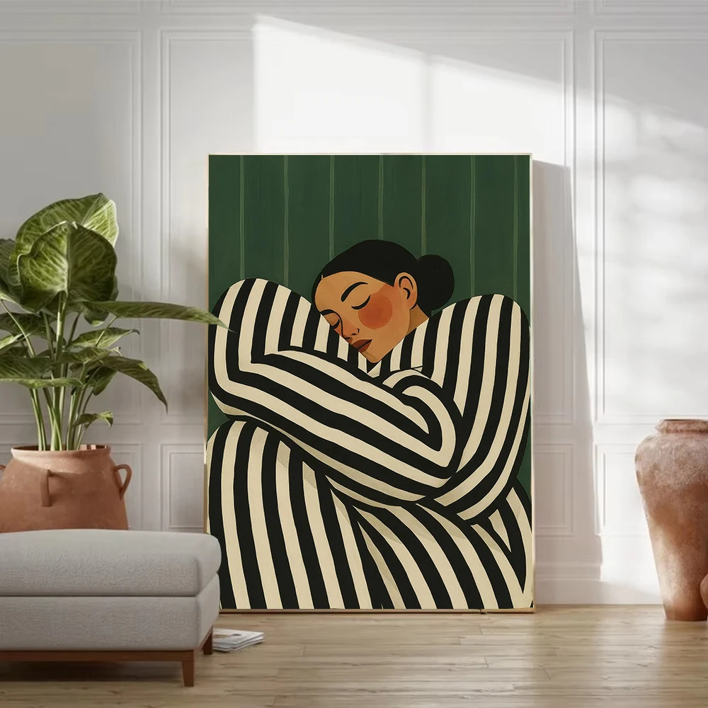Book Girl in Library Green Striped Women Drink Coffee Minimalist Poster Canvas Painting Print  for  Living Room Home Decor thumbnail 4