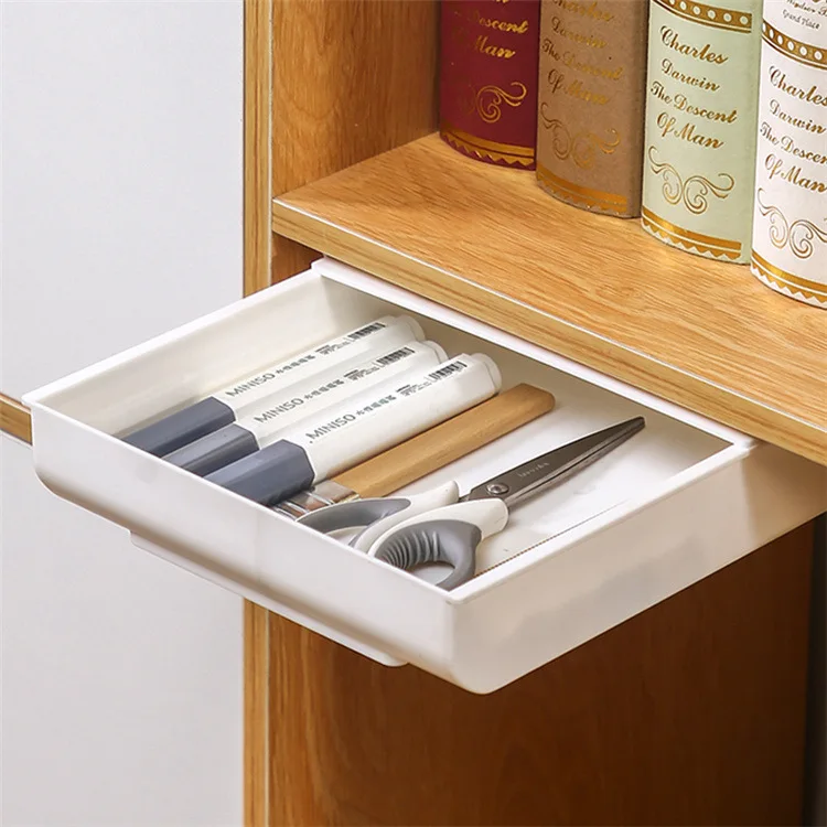 White SelfAdhesive Storage Drawer Box Makeup Pencil Tray Desk Hidden Under Desk Stand Self-adhesive Under-drawer Storage Box thumbnail 3