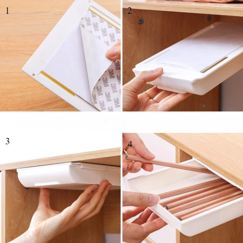 White SelfAdhesive Storage Drawer Box Makeup Pencil Tray Desk Hidden Under Desk Stand Self-adhesive Under-drawer Storage Box thumbnail 6