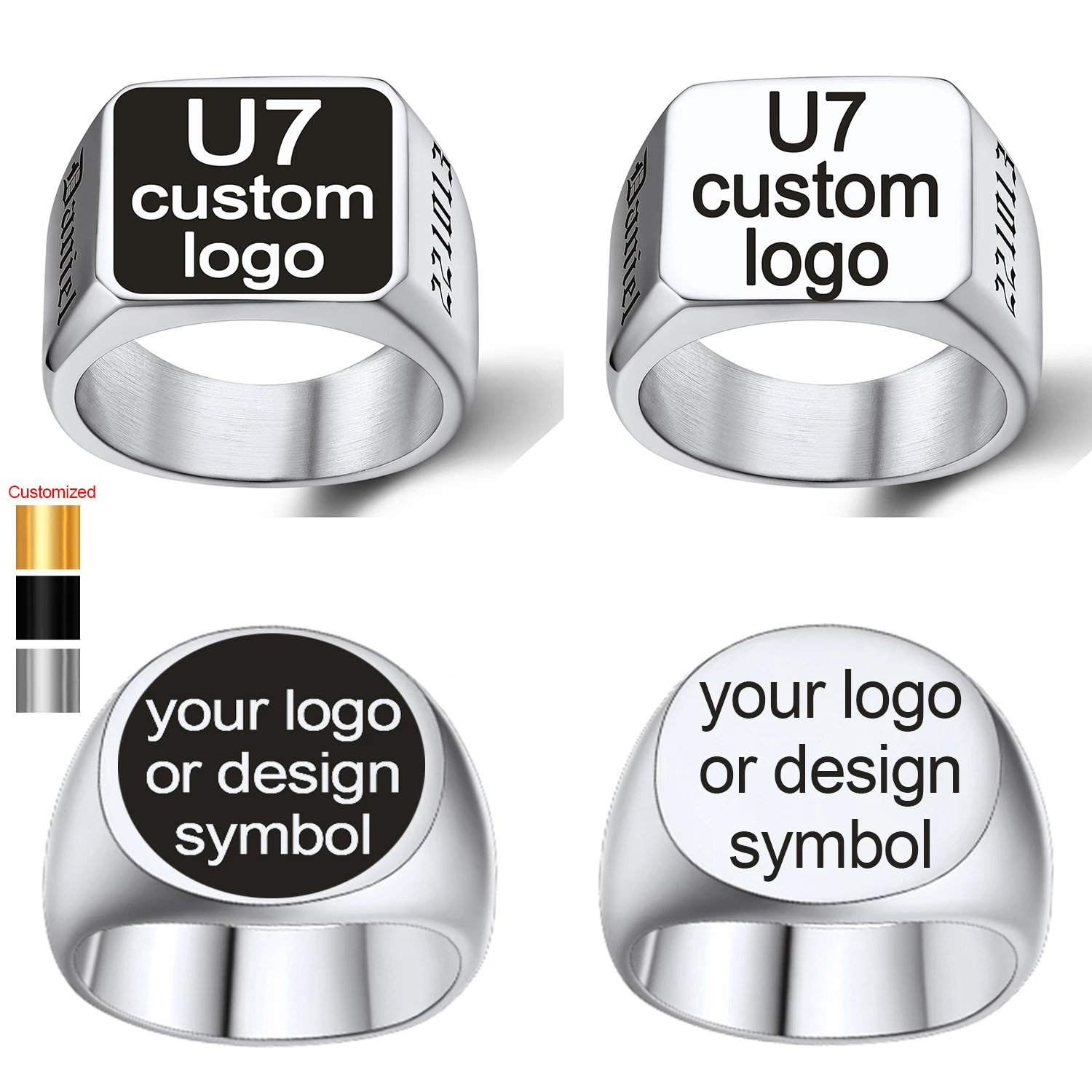 U7 Custom Stainless Steel Round Square Rings for Man Relief Deep Engrave Black White Vector Design Logo Brand Rings Jewelry Gift