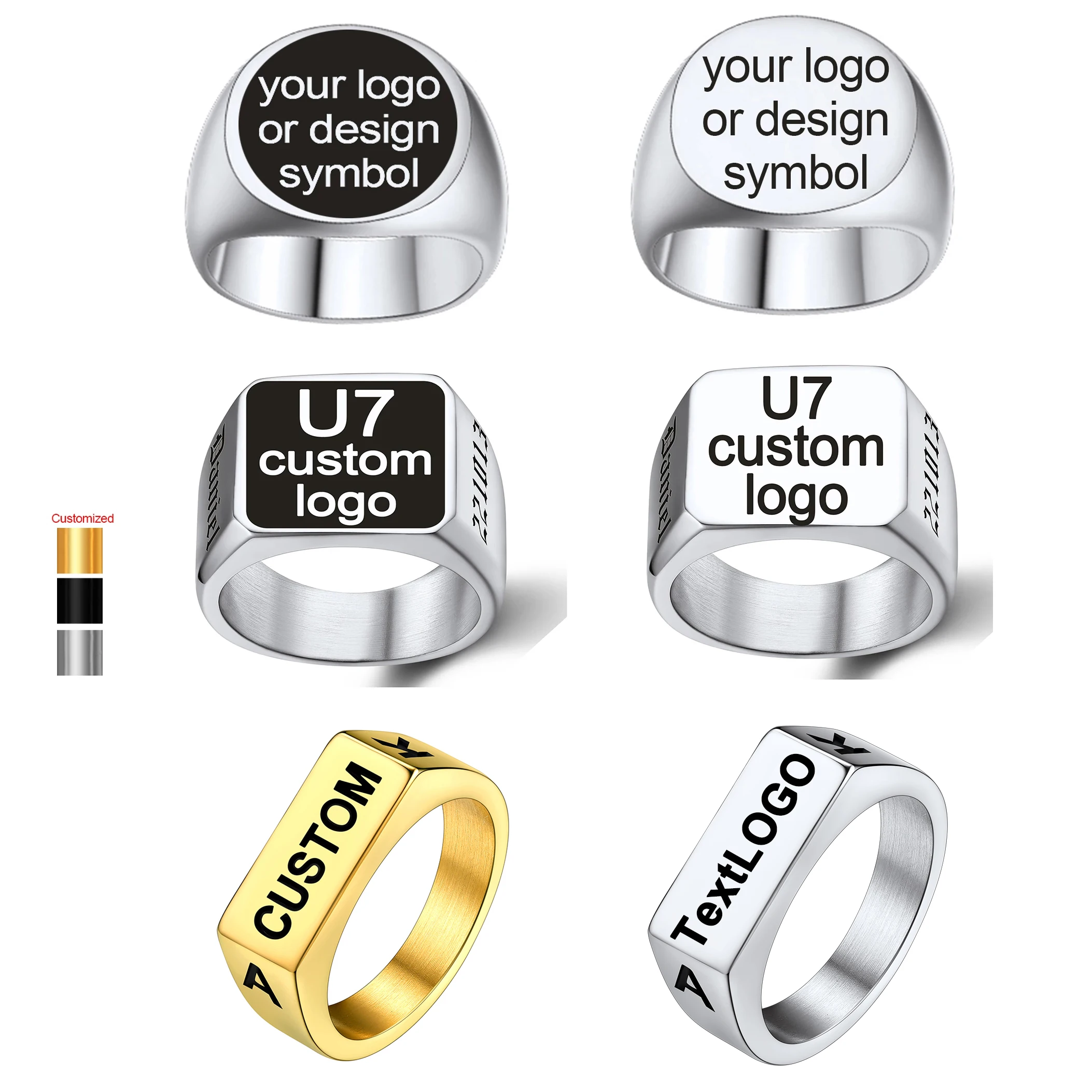 U7 Custom Stainless Steel Round Square Rings for Man Relief Deep Engrave Black White Vector Design Logo Brand Rings Jewelry Gift thumbnail 2