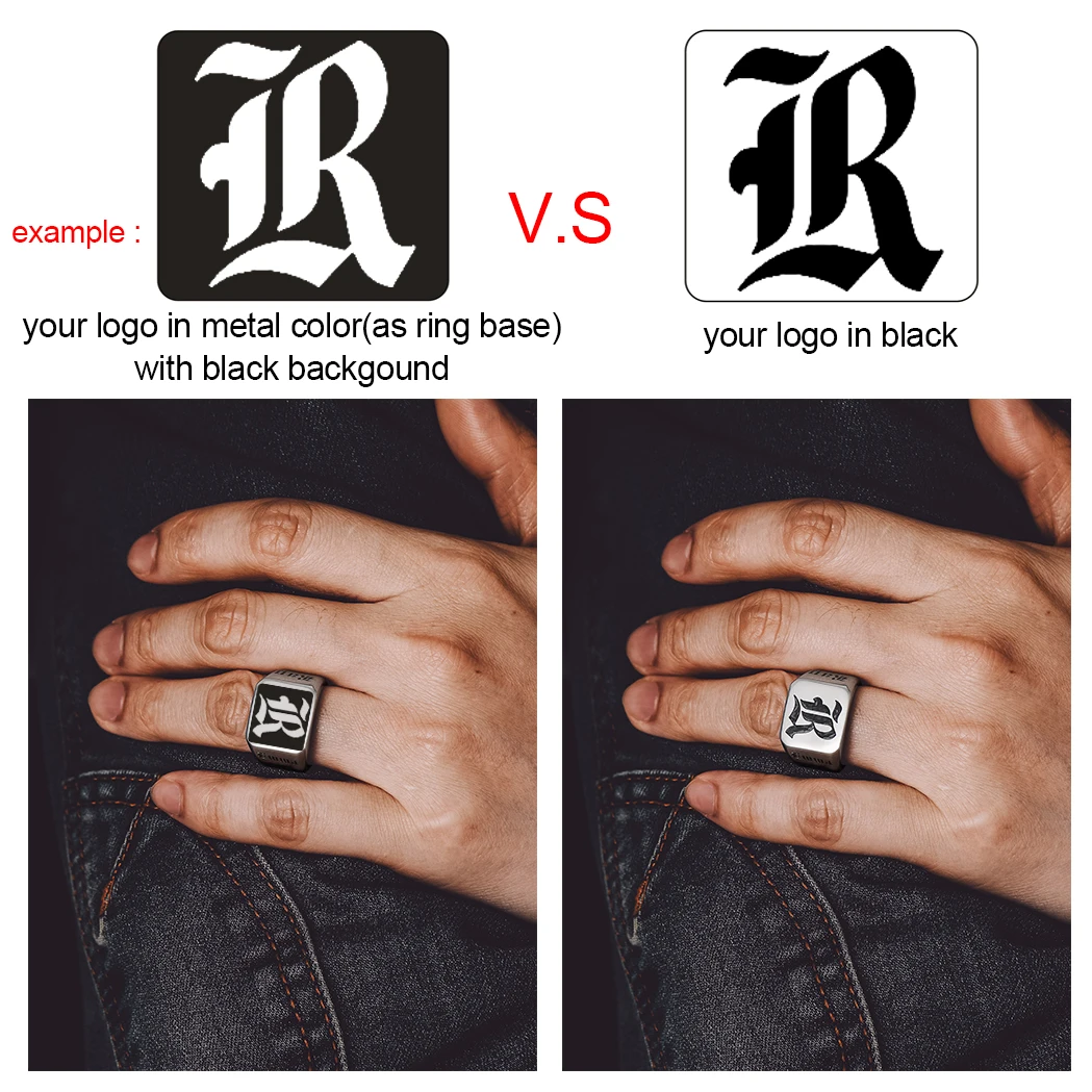 U7 Custom Stainless Steel Round Square Rings for Man Relief Deep Engrave Black White Vector Design Logo Brand Rings Jewelry Gift thumbnail 4