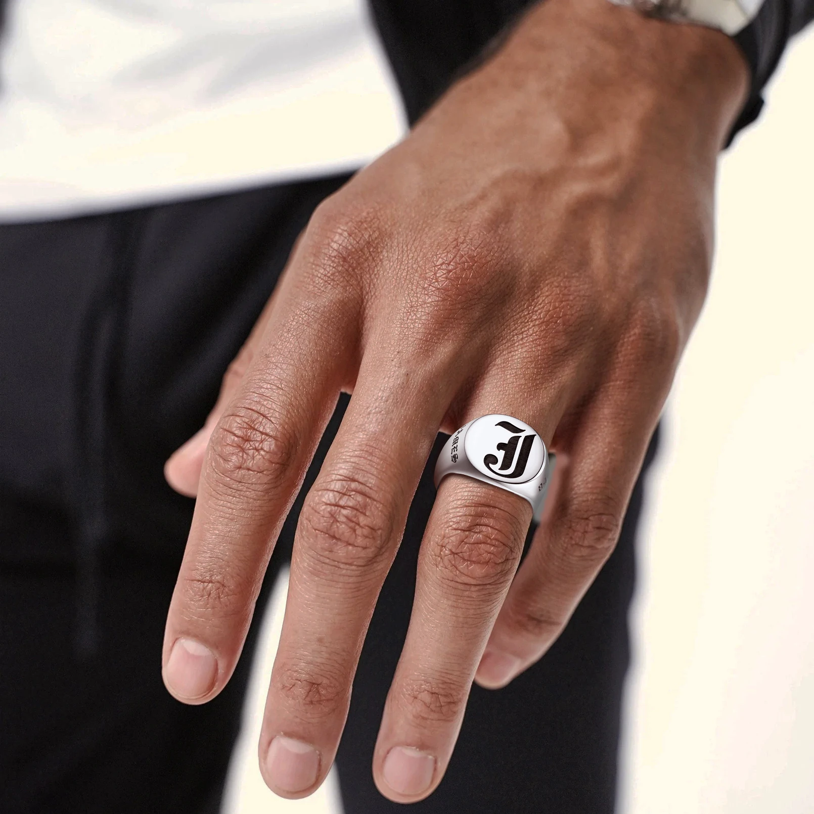 U7 Custom Stainless Steel Round Square Rings for Man Relief Deep Engrave Black White Vector Design Logo Brand Rings Jewelry Gift thumbnail 6
