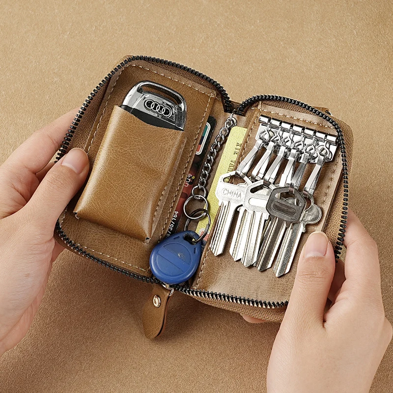 Simple Retro Key Bag, Key Holder for Men, Large Capacity, Business and Home Use, Simple Zipper Waist-Hanging Car Multi-Function Card Holder thumbnail 2