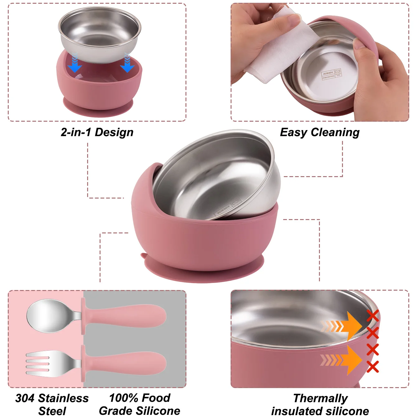 3PCS Stainless Steel Silicone Baby Feeding Set BPA Free Detachable Sucker Bowls With Fork Spoon Easy Clean Children Tableware thumbnail 5