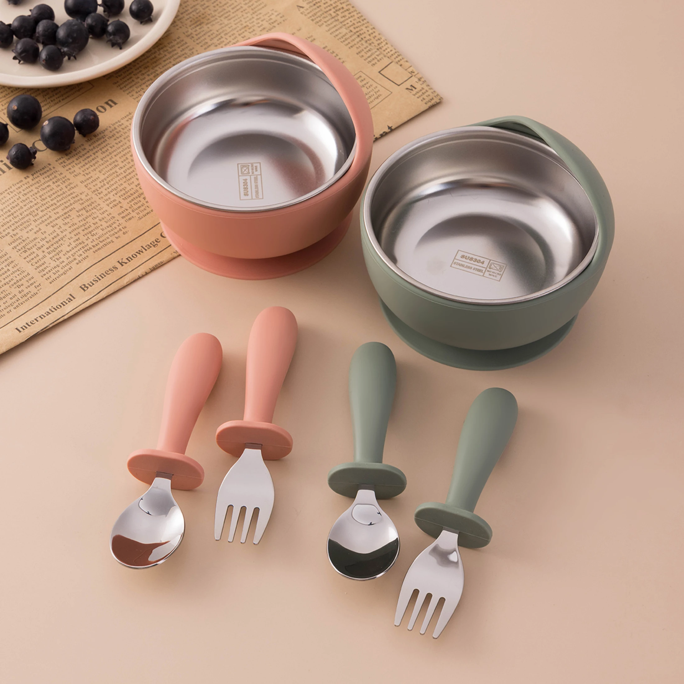 3PCS Stainless Steel Silicone Baby Feeding Set BPA Free Detachable Sucker Bowls With Fork Spoon Easy Clean Children Tableware thumbnail 2