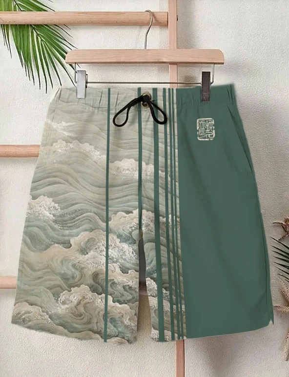 2025 Summer New 3D Japanese Wave Print Men's Street Hip-Hop Casual Shorts Men's Summer Swim Shorts Drawstring Casual Shorts thumbnail 2
