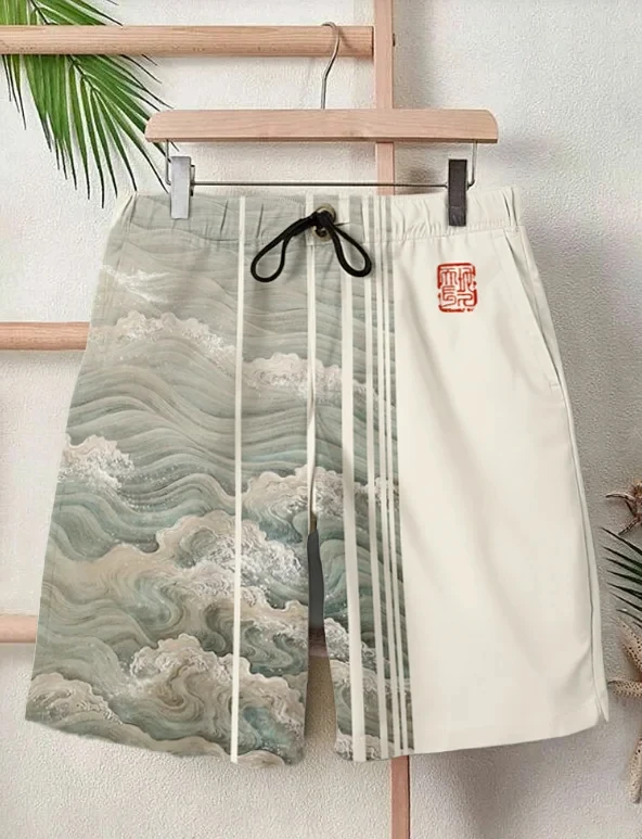 2025 Summer New 3D Japanese Wave Print Men's Street Hip-Hop Casual Shorts Men's Summer Swim Shorts Drawstring Casual Shorts thumbnail 3