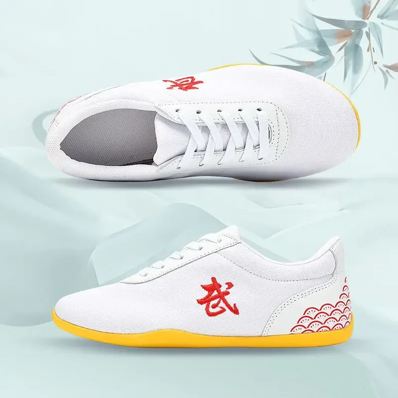 Men Women Sport Martial Arts Kung Fu Shoes Lace Up Kids Canvas Tai Chi Tennis White Black Ladies Wushu Rubber Tennis thumbnail 6