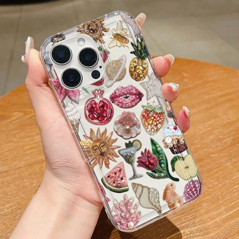 Beaded Pomegranate Sun Phone Case For iPhone 16 17 15 14 13 12 Mini 11 Pro Max 16E X XR 7 8 15 16 Plus SE2 Clear Soft TPU Cover thumbnail 2