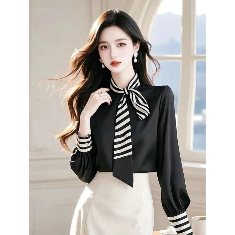 Striped Contrast Patchwork Vintage Blouse Spring Autumn New Long Sleeve Loose Elegant Shirt Tops Fashion Casual Women Clothing