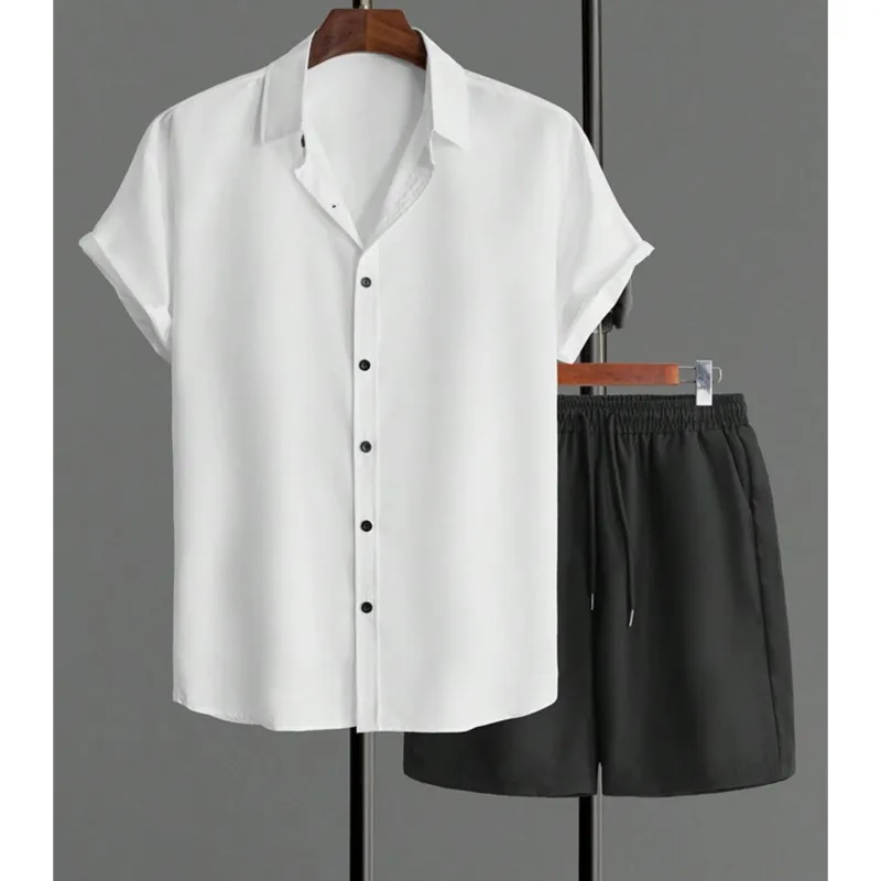 Simple Solid Color Men's Hawaiian Shirt Summer Trend Short Sleeve Shorts 2 Piece Daily Casual Shorts Top Suit Fashion Oversized thumbnail 2