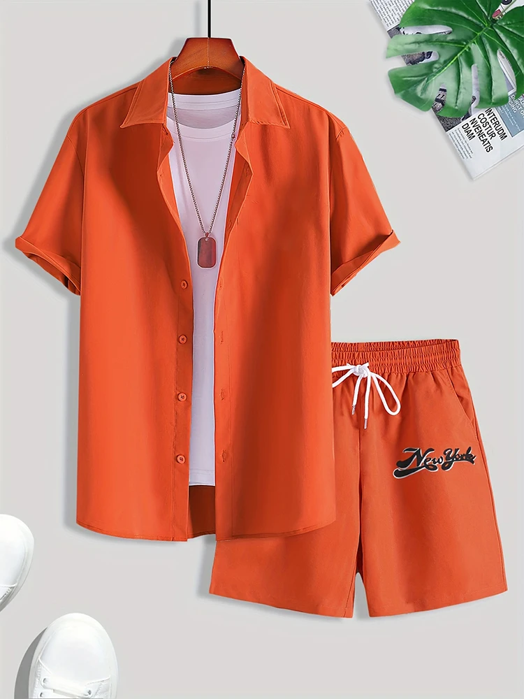 Simple Solid Color Men's Hawaiian Shirt Summer Trend Short Sleeve Shorts 2 Piece Daily Casual Shorts Top Suit Fashion Oversized thumbnail 3
