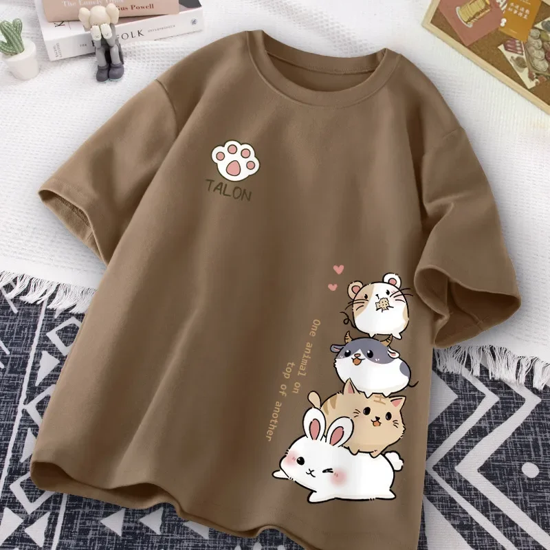 Summer Fashion Simple Cat Printing Universal Short Sleeve T-shirt Loose Casual Large Size thumbnail 5