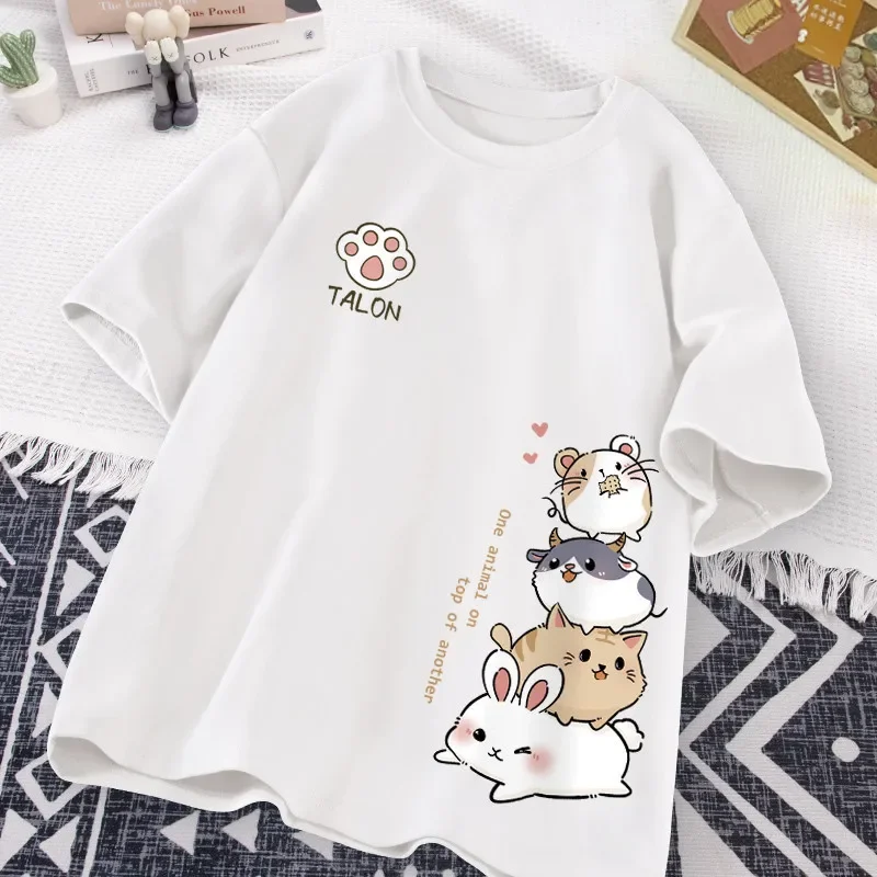 Summer Fashion Simple Cat Printing Universal Short Sleeve T-shirt Loose Casual Large Size thumbnail 2