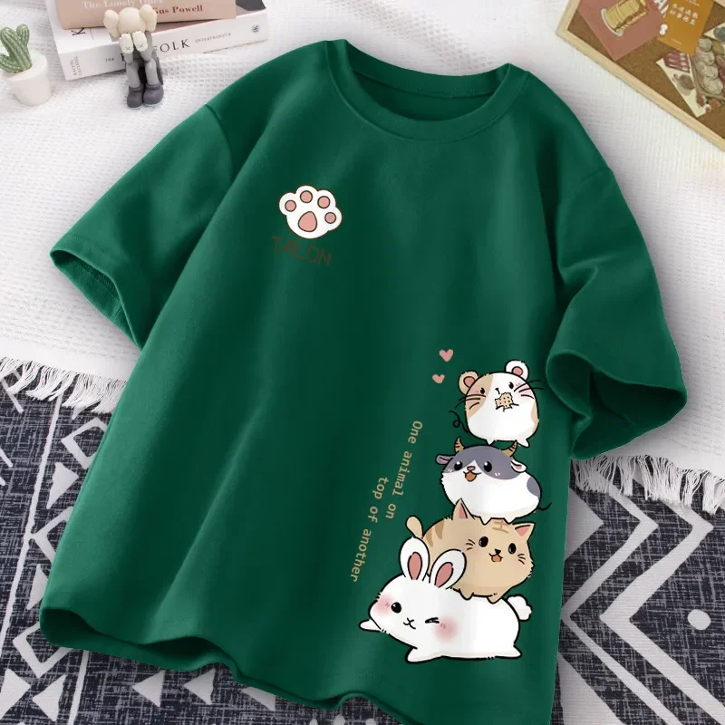 Summer Fashion Simple Cat Printing Universal Short Sleeve T-shirt Loose Casual Large Size thumbnail 6