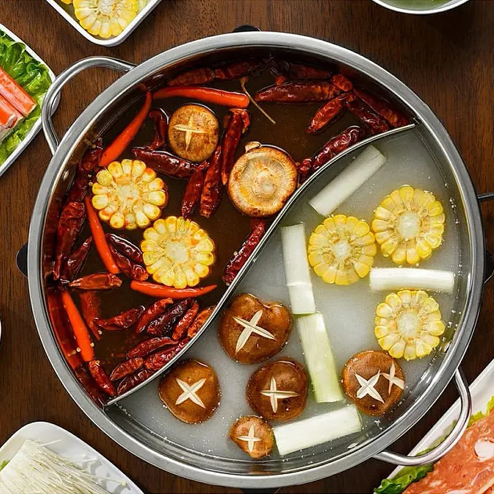 28cm Stainless Steel Twin Divided Double Pot Hotpot Cooker Gas Stove Compatible Pot Chinese Hot Pot Kitchen Soup Cooking Pot thumbnail 2