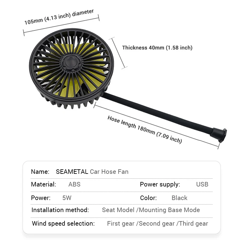 SEAMETAL Car Electric Fan Strong Wind 3-Speed Cooling Fan for Rear Seat Passenger Portable 360 Degree Rotatable Car Air Fan thumbnail 5
