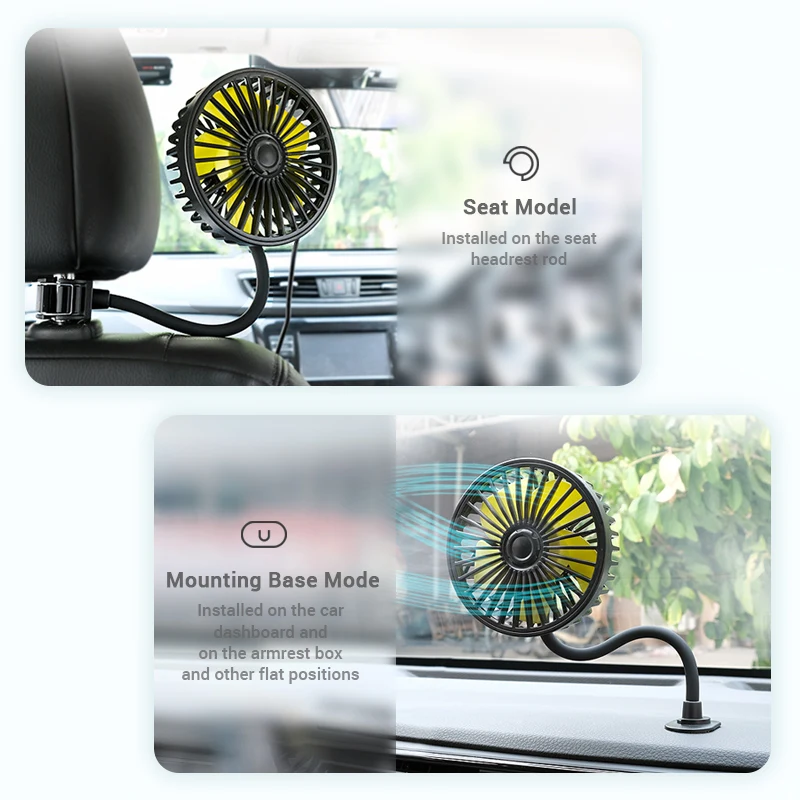 SEAMETAL Car Electric Fan Strong Wind 3-Speed Cooling Fan for Rear Seat Passenger Portable 360 Degree Rotatable Car Air Fan thumbnail 3