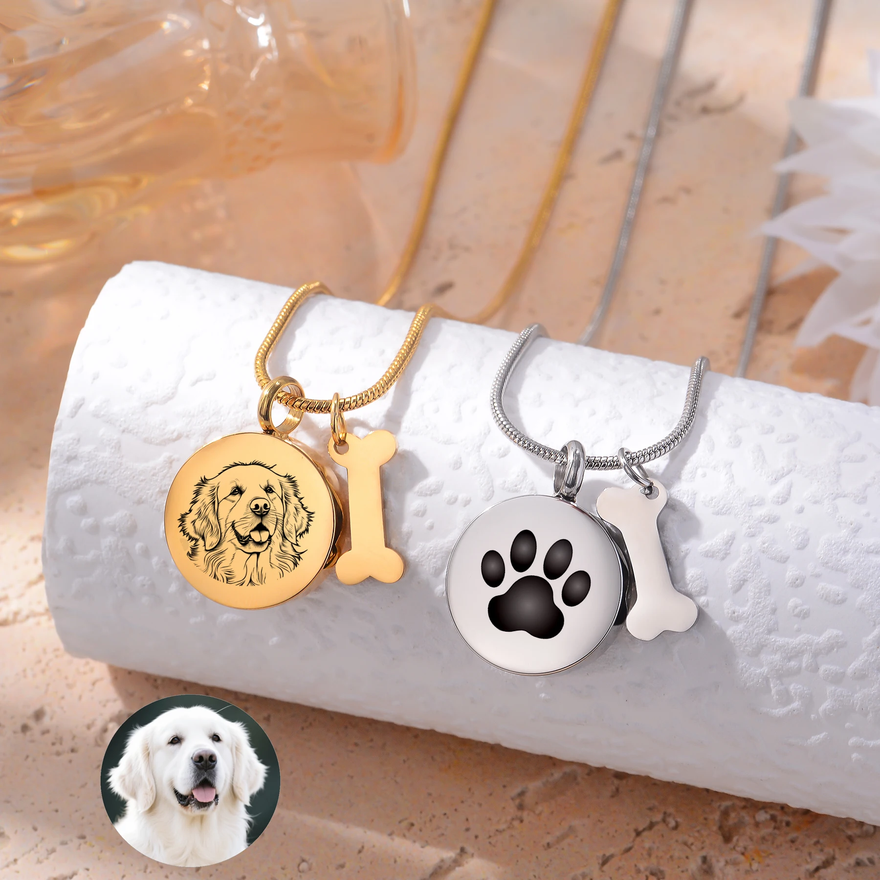 Personalized Round Paw Print Urn Necklace for Ashes Custom  Stainless Steel Cremation Jewelry with Dog Bone Memorial Pendant thumbnail 2