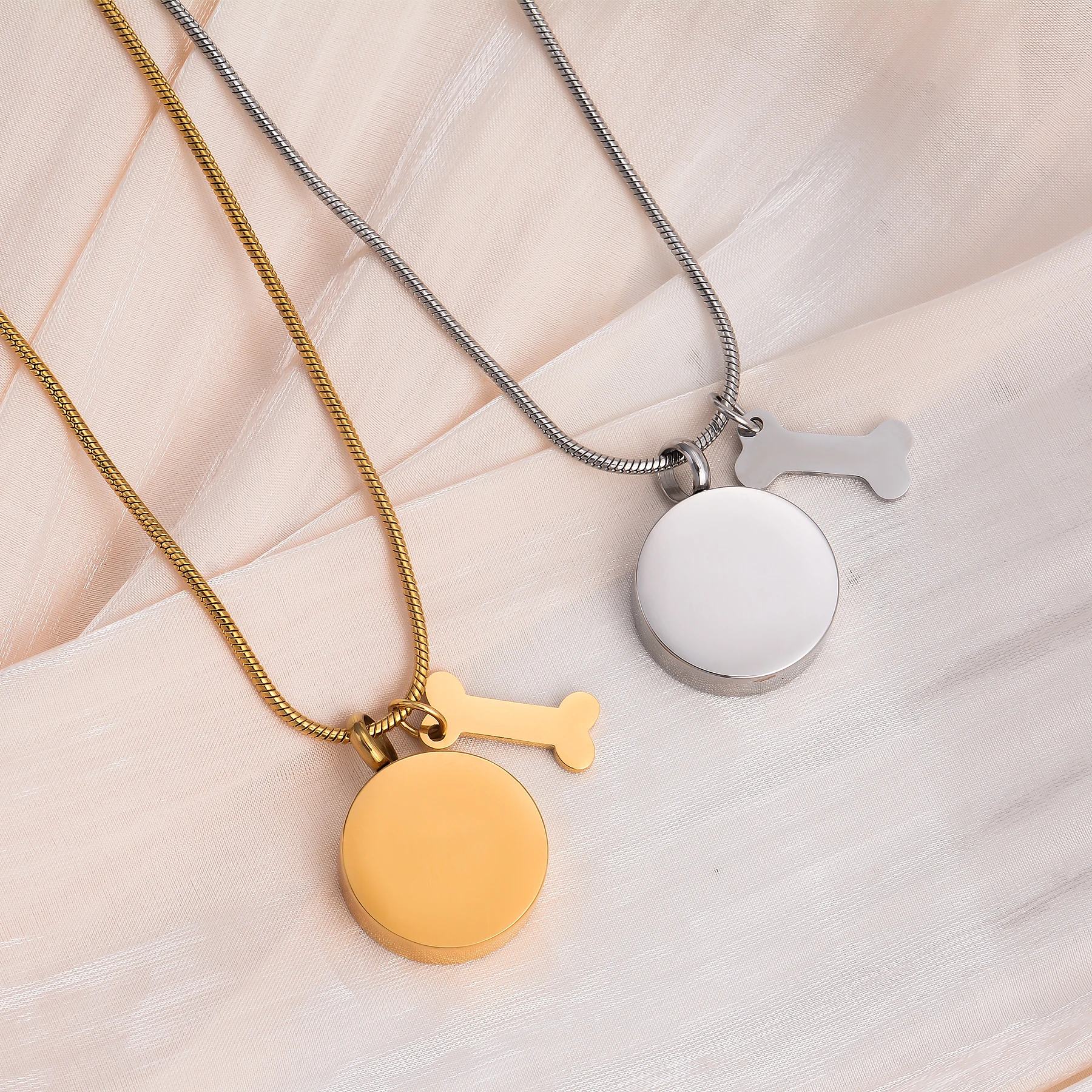 Personalized Round Paw Print Urn Necklace for Ashes Custom  Stainless Steel Cremation Jewelry with Dog Bone Memorial Pendant thumbnail 3