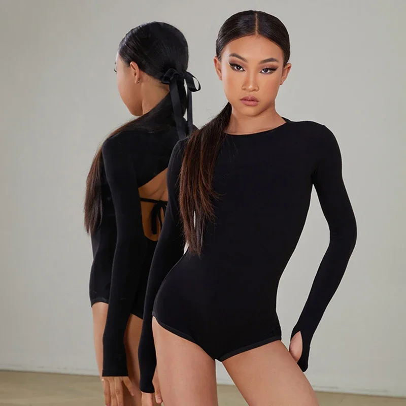 2026 New Latin Dance Dress Suit Costume for Girls Black Sexy Backless Bodysuit Chacha Rumba Tango Training Skirt Kids Dance Wear thumbnail 4