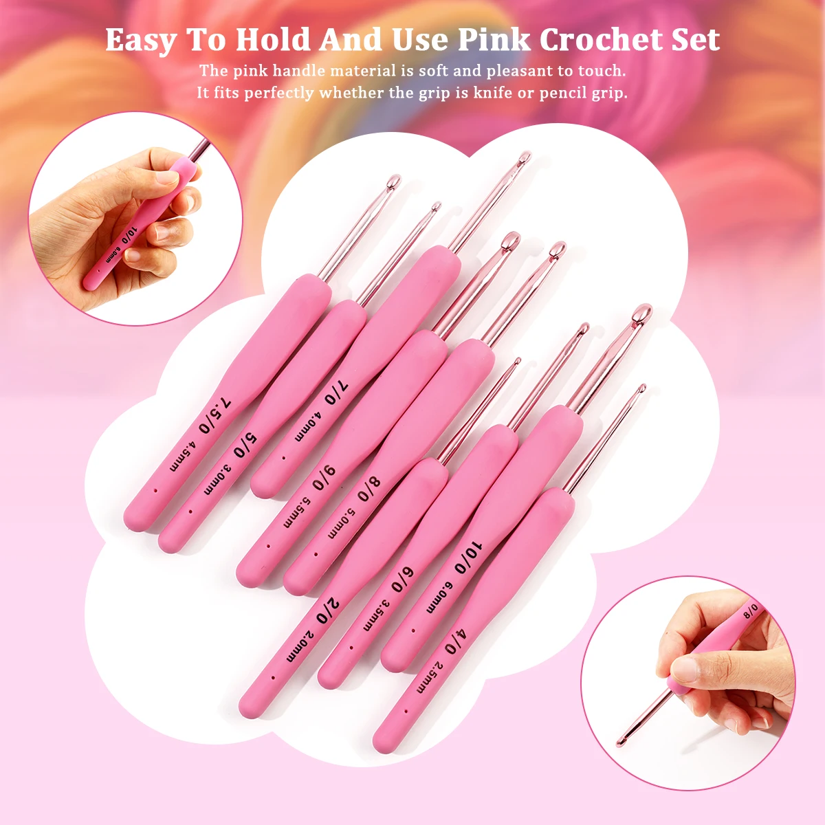 9PCS Pink Crochet Hooks Needle Silicone Handle Aluminum Crochet Needle Set Needles Sweater Weave 2-6mm DIY Sewing Knitting Tool