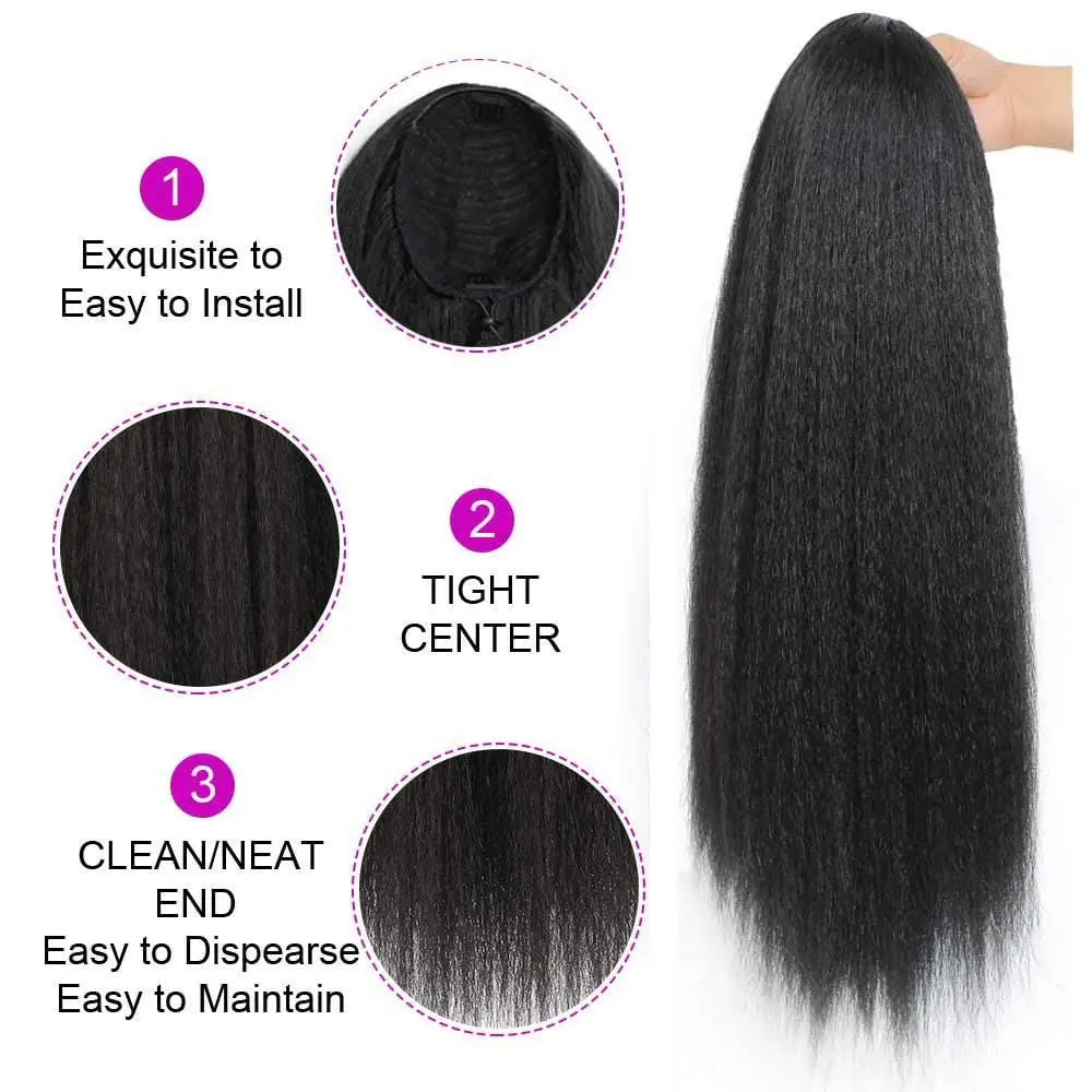 Yaki Drawstring Ponytail Extension with Bangs - Long Yaki Straight Clip in Ponytails Extension for Women Synthetic Hairpiece thumbnail 4