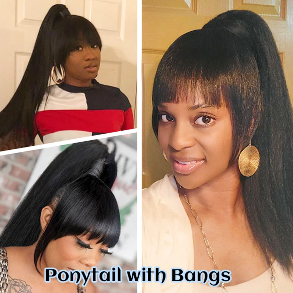 Yaki Drawstring Ponytail Extension with Bangs - Long Yaki Straight Clip in Ponytails Extension for Women Synthetic Hairpiece thumbnail 6