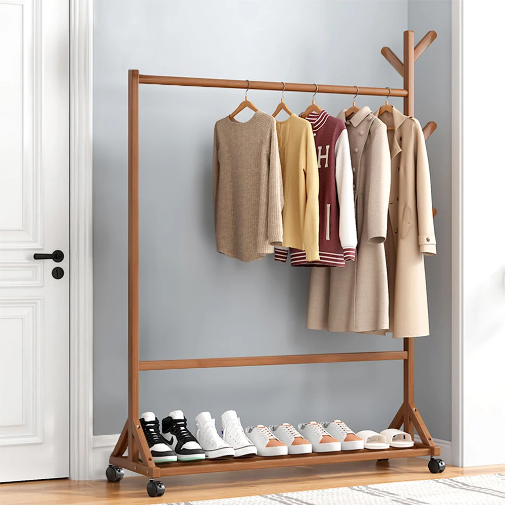 Movable bamboo coat rack multifunctional hanger rod with wheels clothes hat bag bedroom hanger thumbnail 4