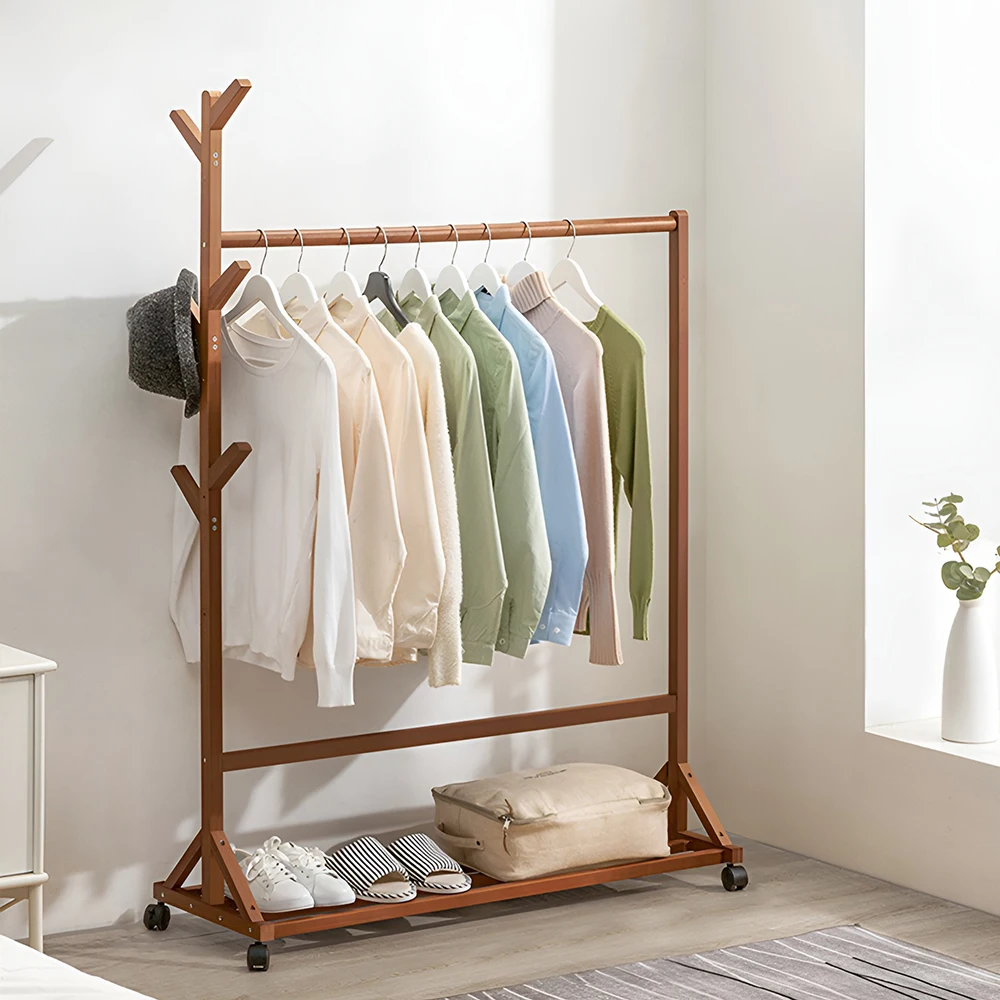 Movable bamboo coat rack multifunctional hanger rod with wheels clothes hat bag bedroom hanger thumbnail 2
