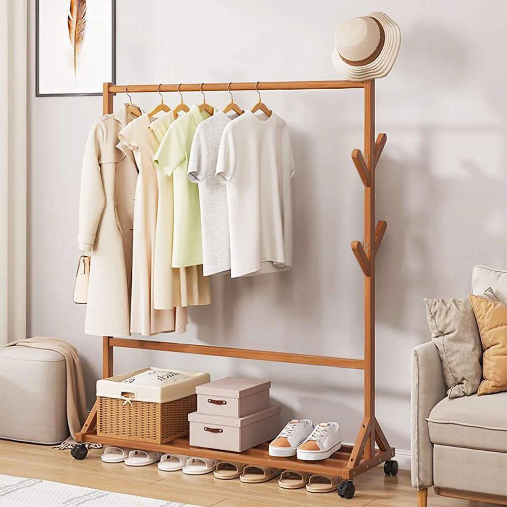 Movable bamboo coat rack multifunctional hanger rod with wheels clothes hat bag bedroom hanger