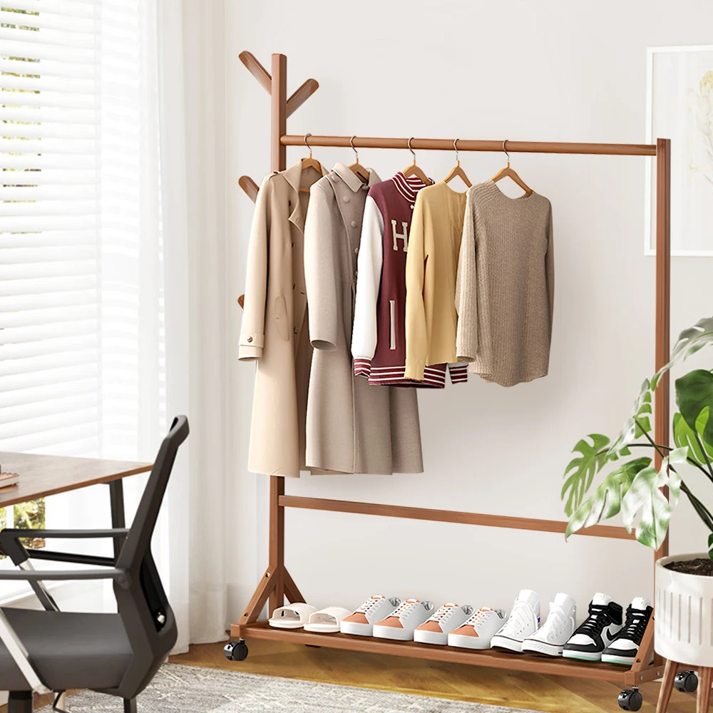 Movable bamboo coat rack multifunctional hanger rod with wheels clothes hat bag bedroom hanger thumbnail 3