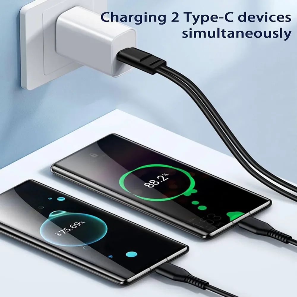 20cm Short USB-C to Type C / Micro Splitter Cable Charging 2 in 1 Power BanK USB Cable For Dual Two Devices Charger Cord 5V 2A thumbnail 2