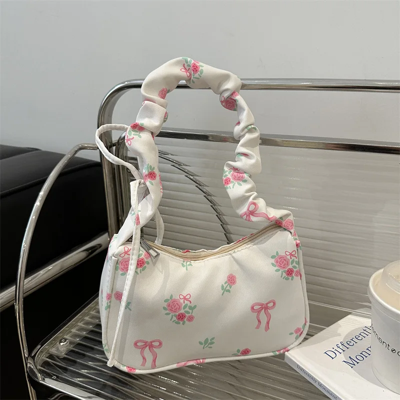Gentle and Sweet Flower Canvas Bag for Women 2025 New Drawstring Shoulder Bag High Beauty Broken Flower Bow thumbnail 3
