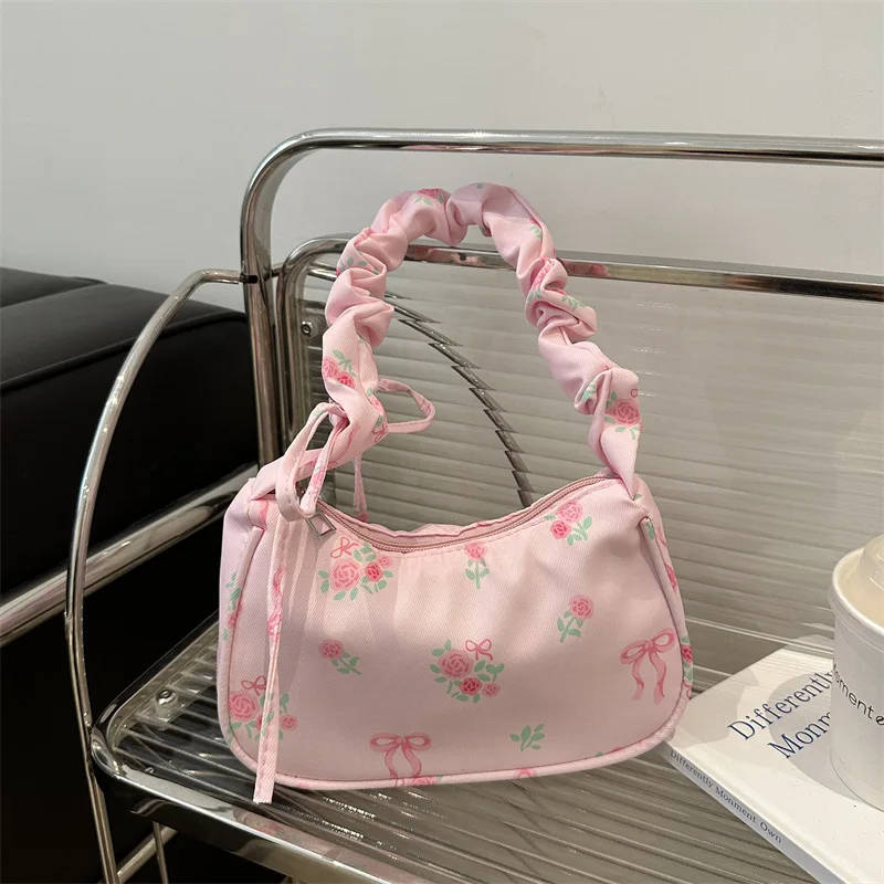 Gentle and Sweet Flower Canvas Bag for Women 2025 New Drawstring Shoulder Bag High Beauty Broken Flower Bow thumbnail 2