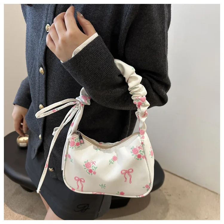 Gentle and Sweet Flower Canvas Bag for Women 2025 New Drawstring Shoulder Bag High Beauty Broken Flower Bow thumbnail 6