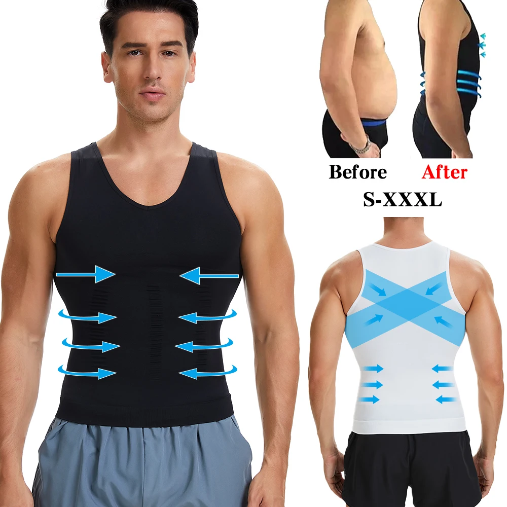 Men's Body Shaper Slimming Shirt V Neck Tummy Vest Compression Base Layer Slim Muscle Tank Top Shapewear