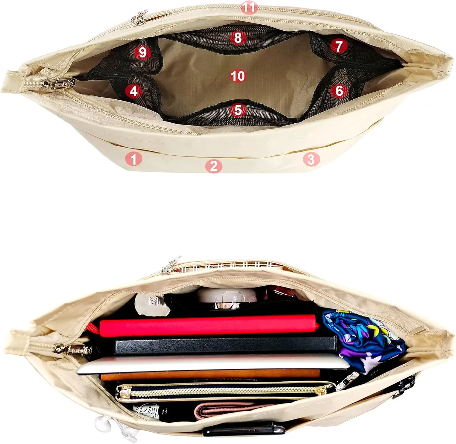 Handbag Tote Purse Organizer Insert Bag Liner Shaper Divider Zipper 11 Pockets Compartments thumbnail 4