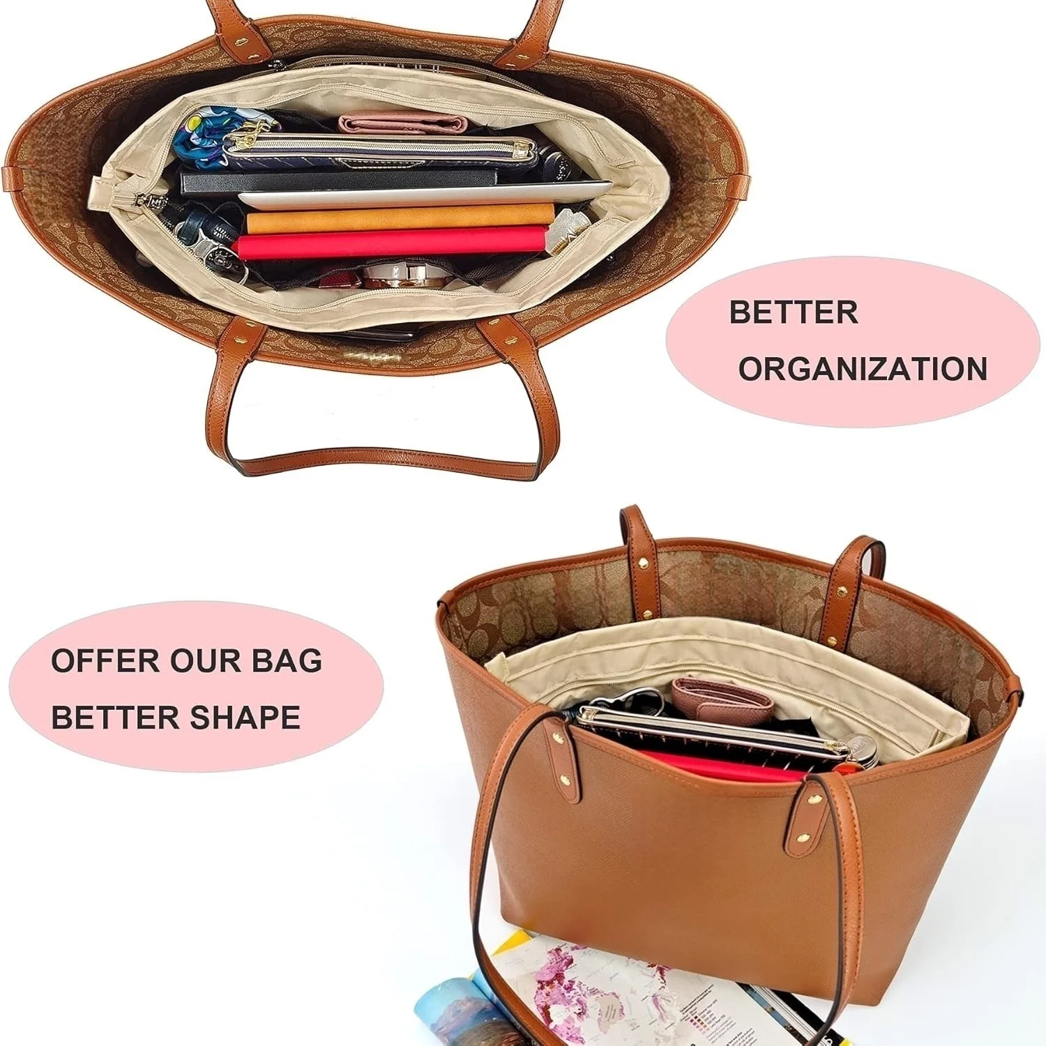 Handbag Tote Purse Organizer Insert Bag Liner Shaper Divider Zipper 11 Pockets Compartments thumbnail 6