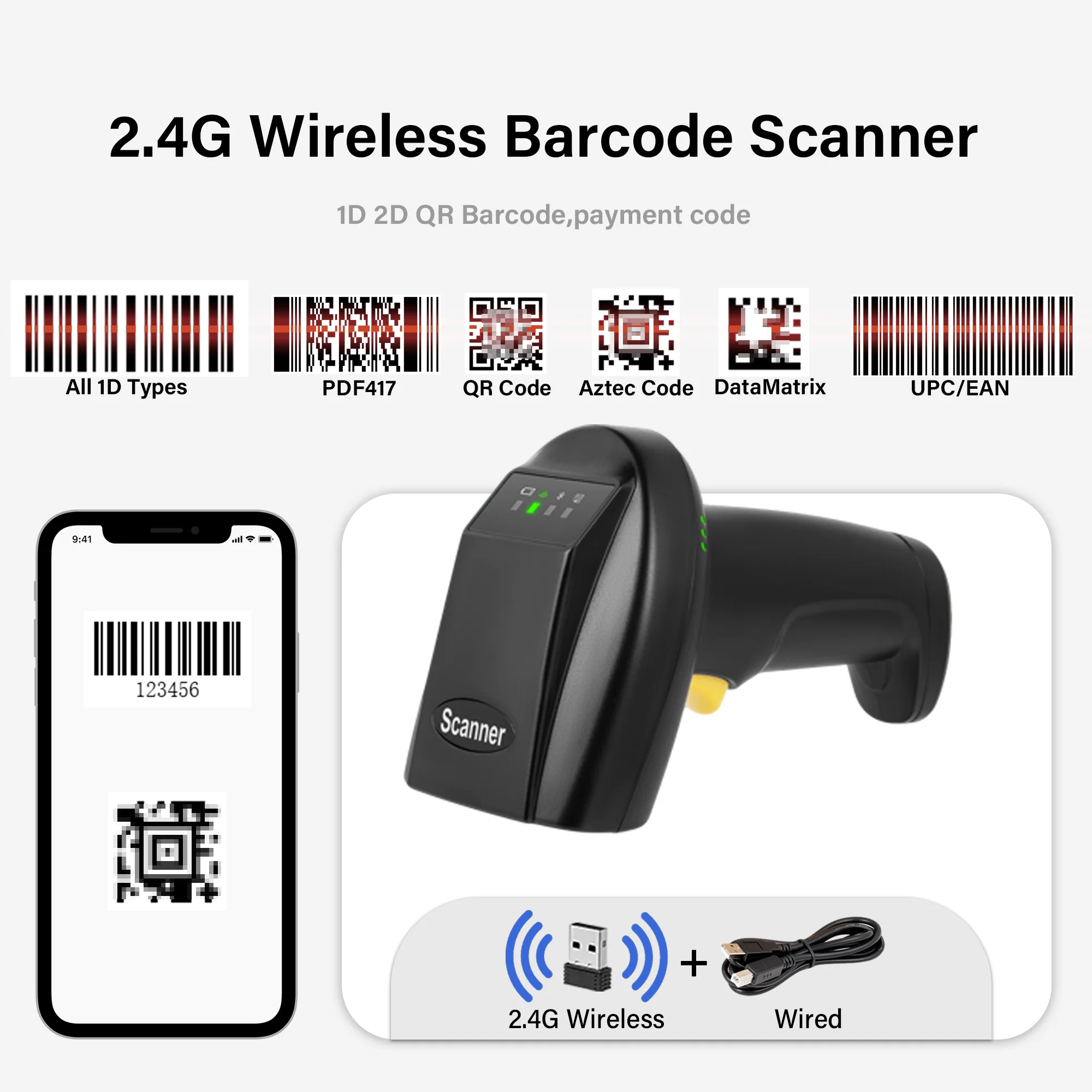 Convenient 2D QR Code Scanner with 2.4G Wireless BT V5.0 Barcode Reader for Mobile Devices for Supermarket, logistic, store thumbnail 5