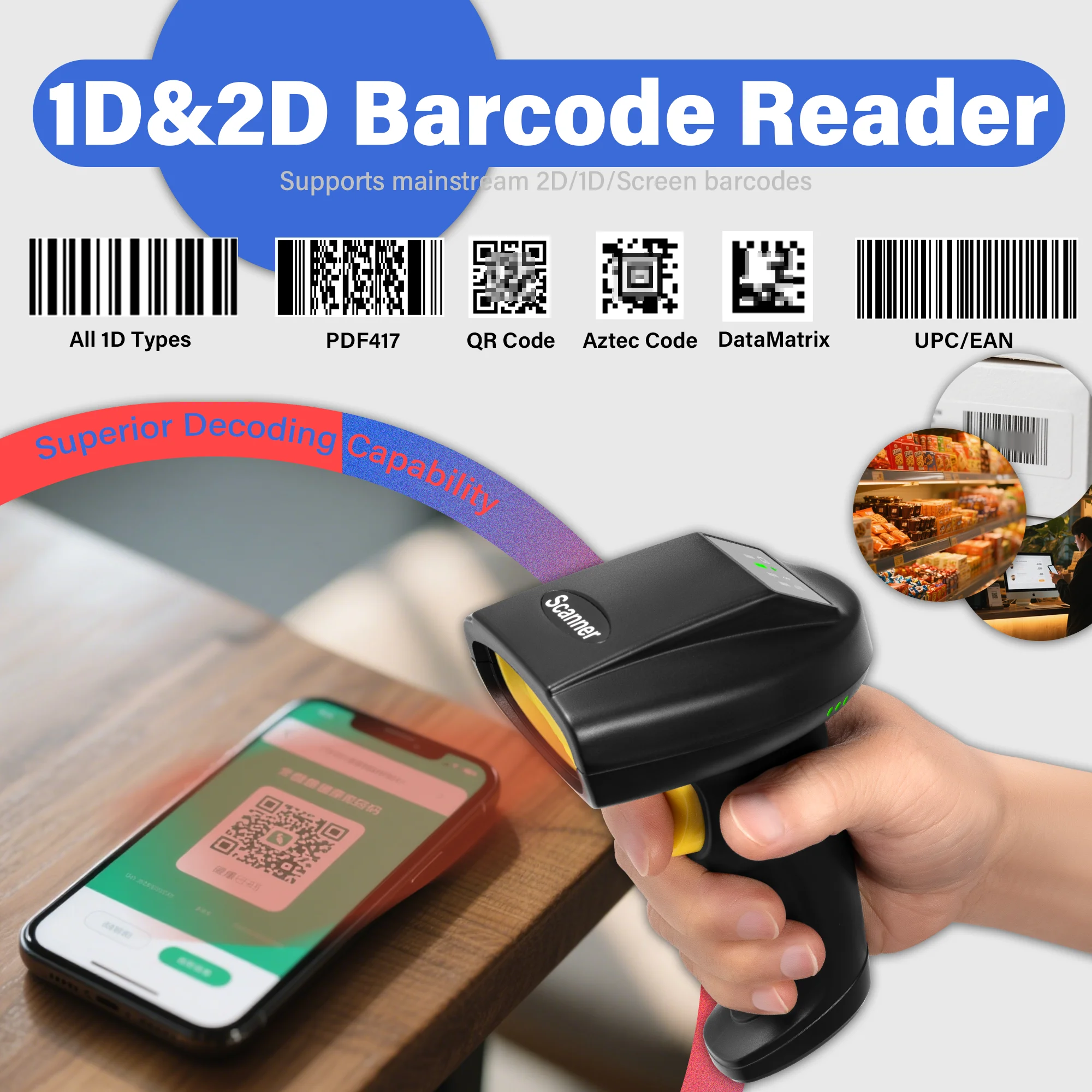 Convenient 2D QR Code Scanner with 2.4G Wireless BT V5.0 Barcode Reader for Mobile Devices for Supermarket, logistic, store thumbnail 2