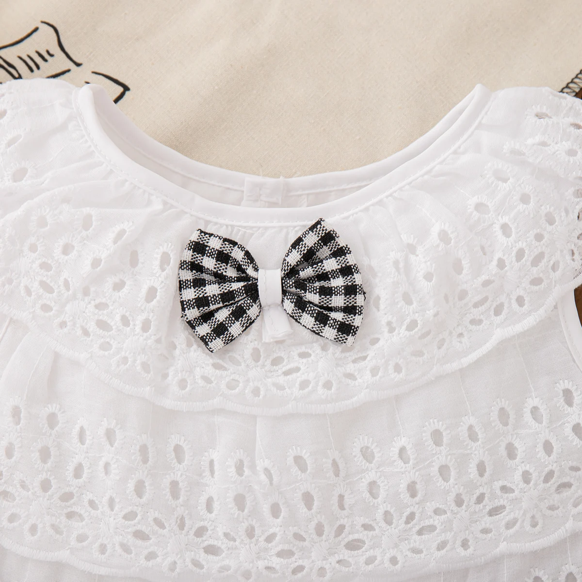 2pc/Set Girls' Suit Summer Bow And Plaid Lace Trim Short Sleeve Casual Toddler Girl Clothes Cute Simple Children Clothes thumbnail 6